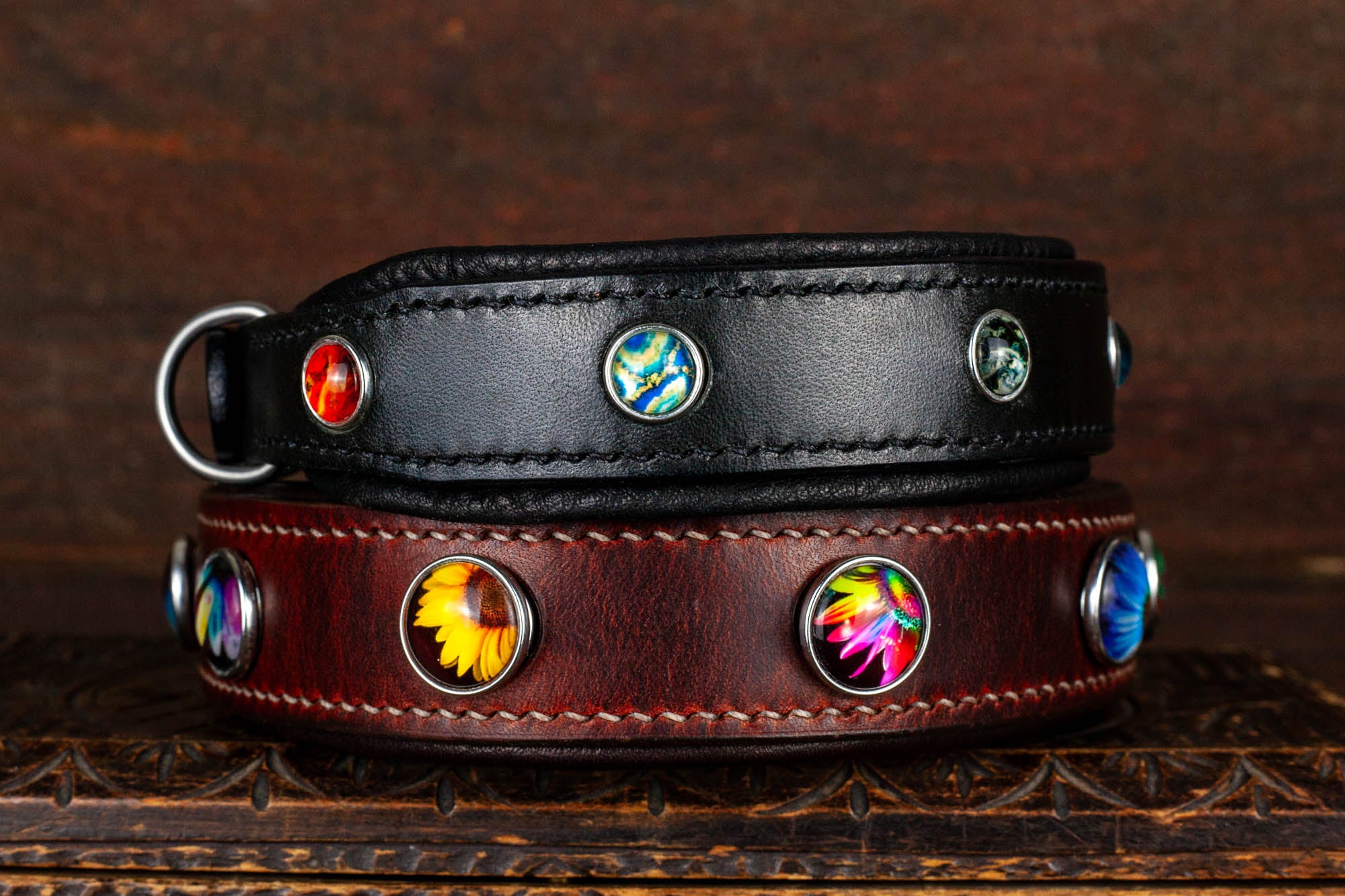 Hundehalsband Leder mit Motiv Druckknöpfen CHunks bunt