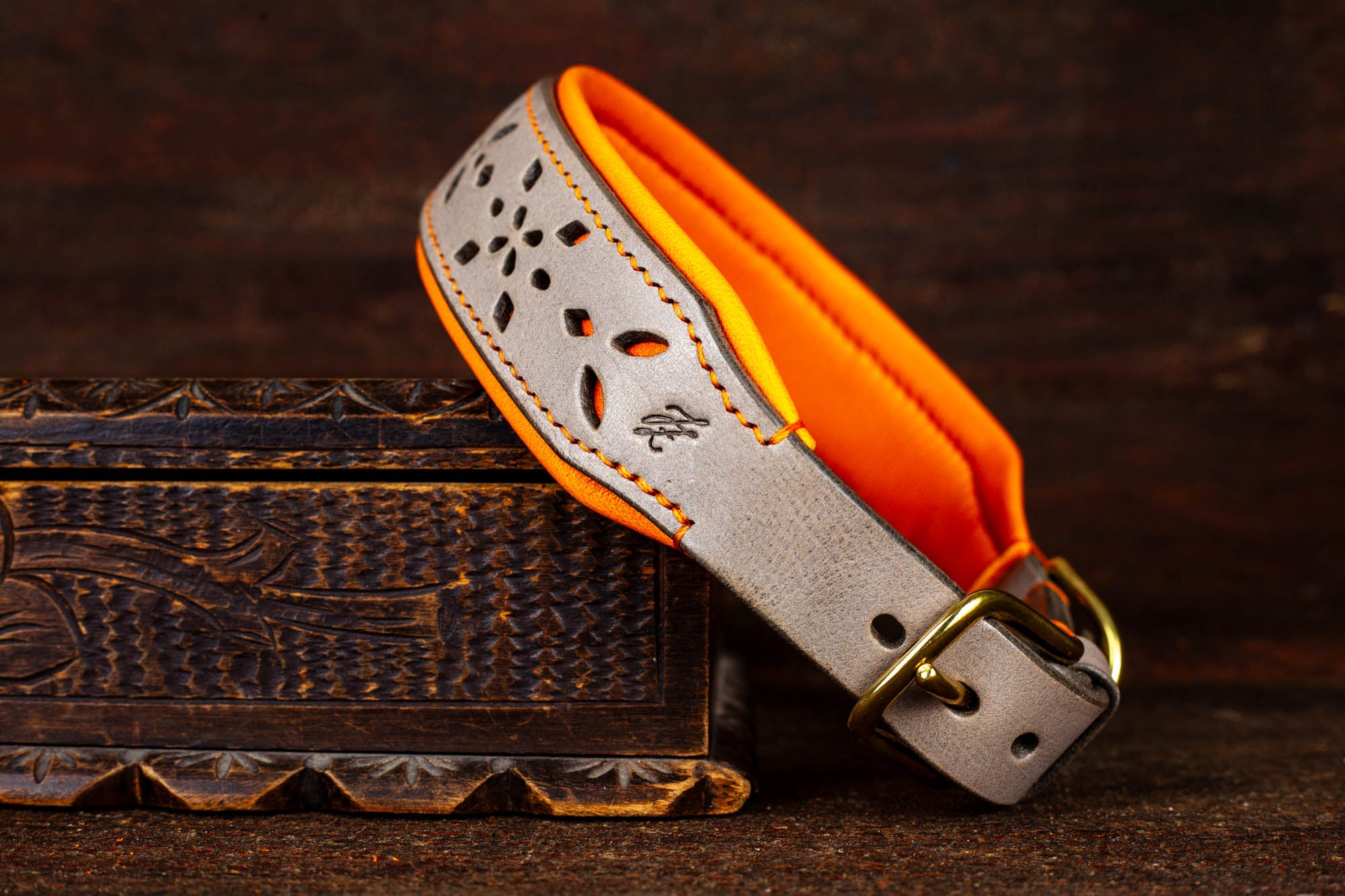 Lederhalsband Grau Orange Hundehalsband