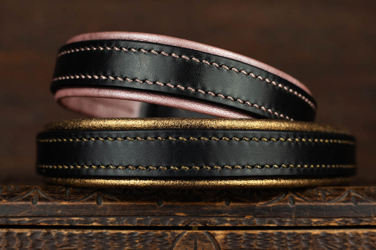 Zugstopp Halsband Schwarz Gold Rosa Leder