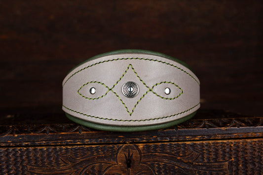 Windhundhalsband aus Leder mit Ziernaht und Ziernieten Grau Olive Silber