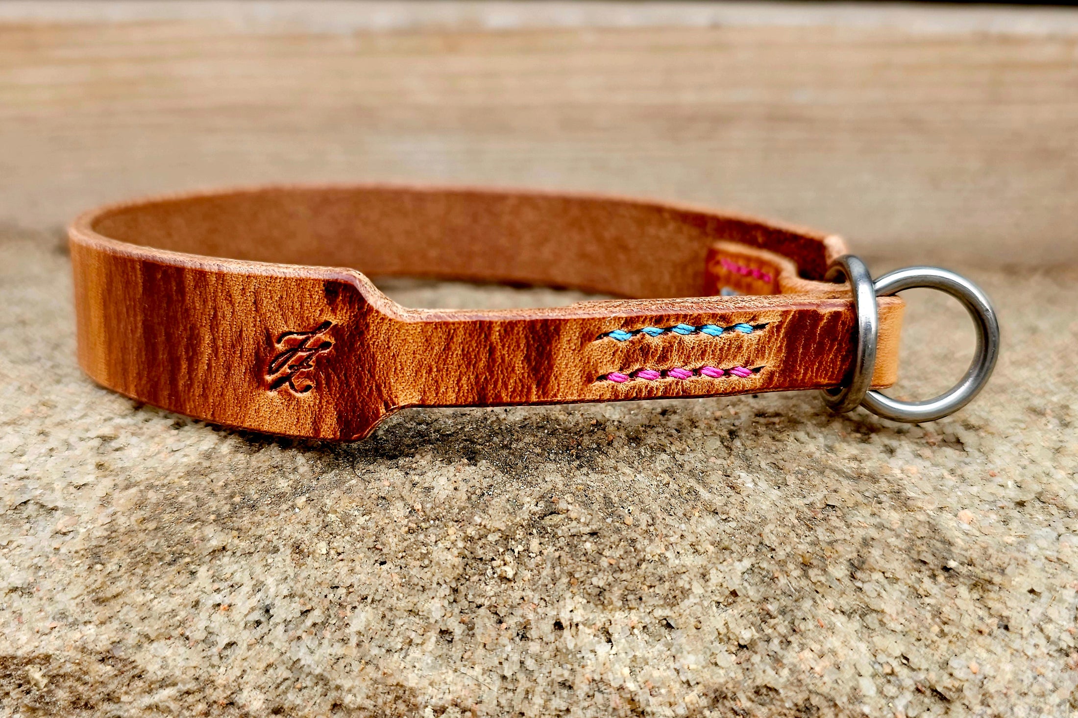 Hundehalsband Handgenäht Pink Türkis Leinengarn Leder